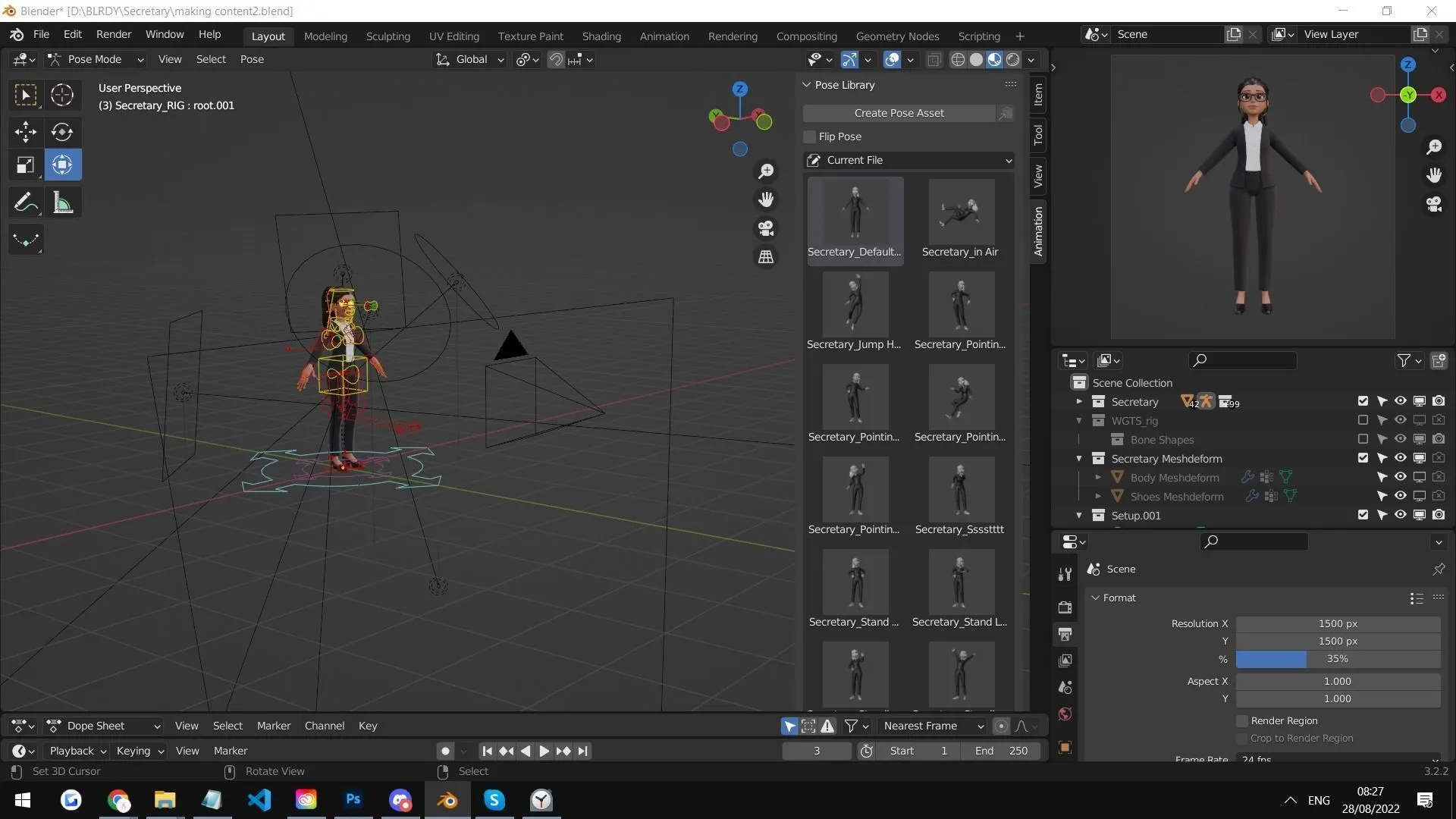 Secretary Business Woman Character low-poly quad topology wireframe mesh